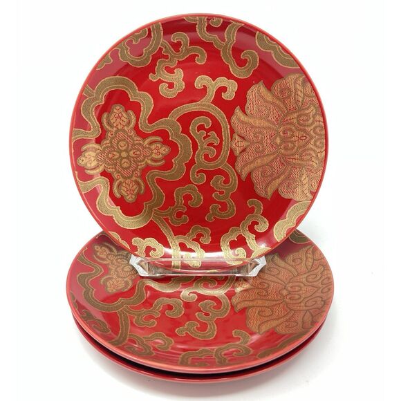 Pottery Barn Chinoise Gold Red 7” Dessert Salad Side Plates Set of 3 - Picture 1 of 4